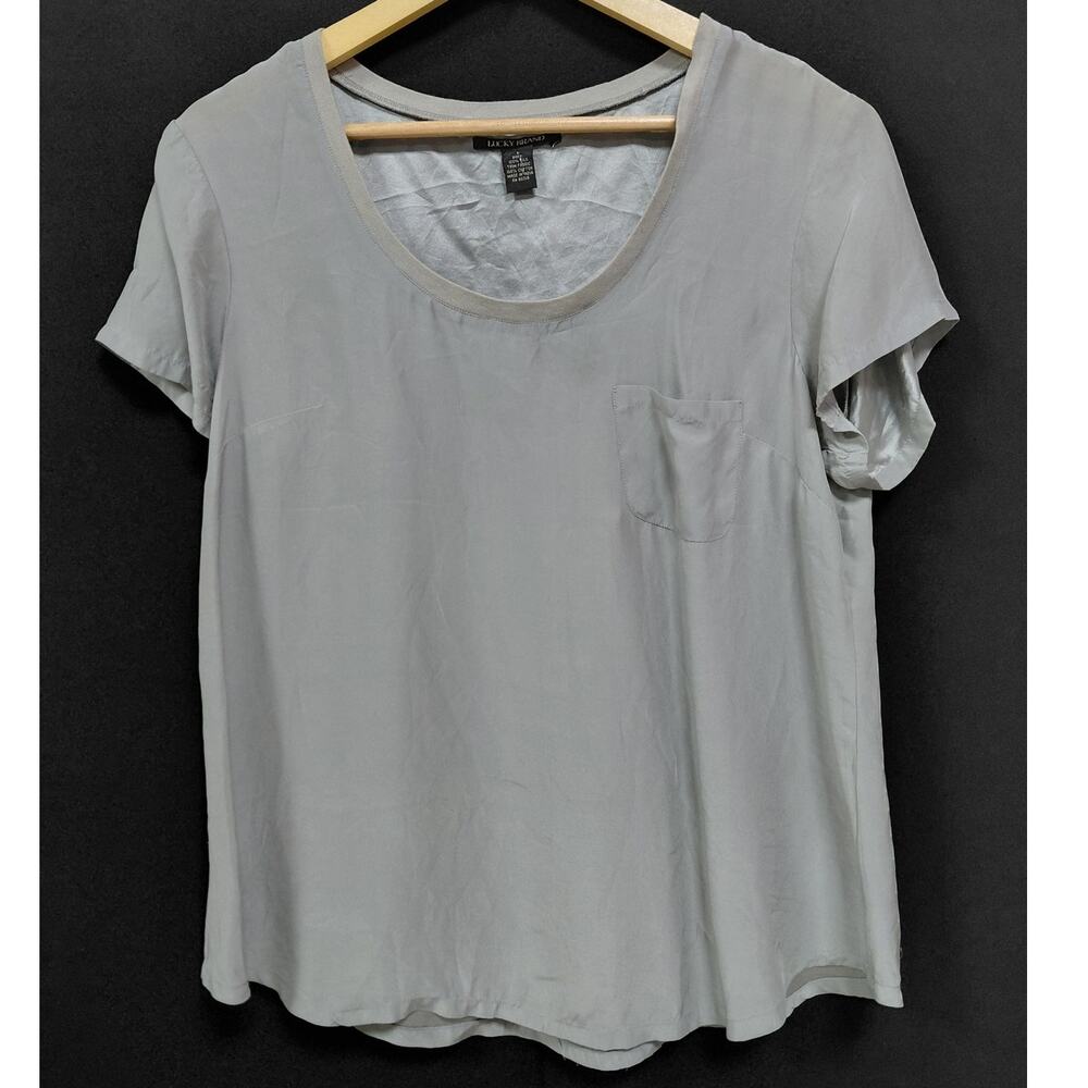 LUCKY BRAND Top Gray Solid Short Sleeve 100% Silk Women Size L
